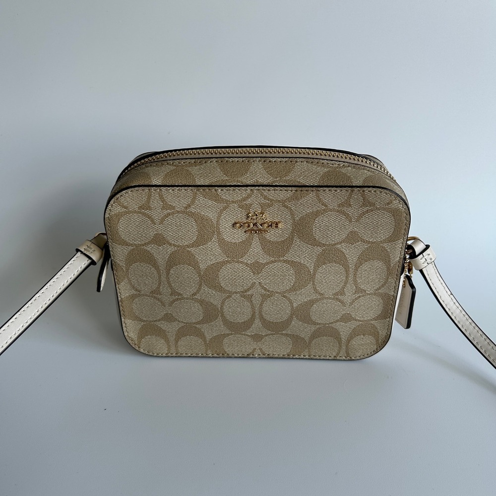 Coach Mini Camera Bag Light Khaki‎ Chalk Canvas Leather Crossbody Excellent